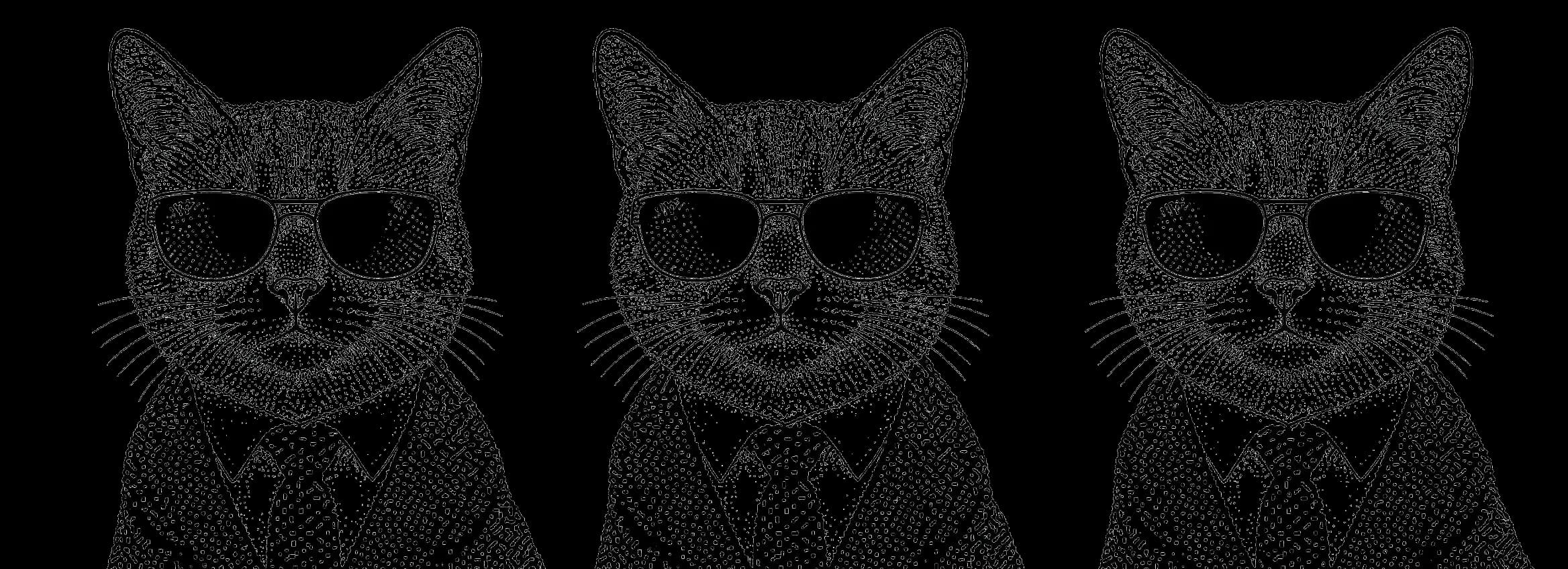Three identical stipple portraits of a cat in sunglasses and a suit. One operator, cloned.