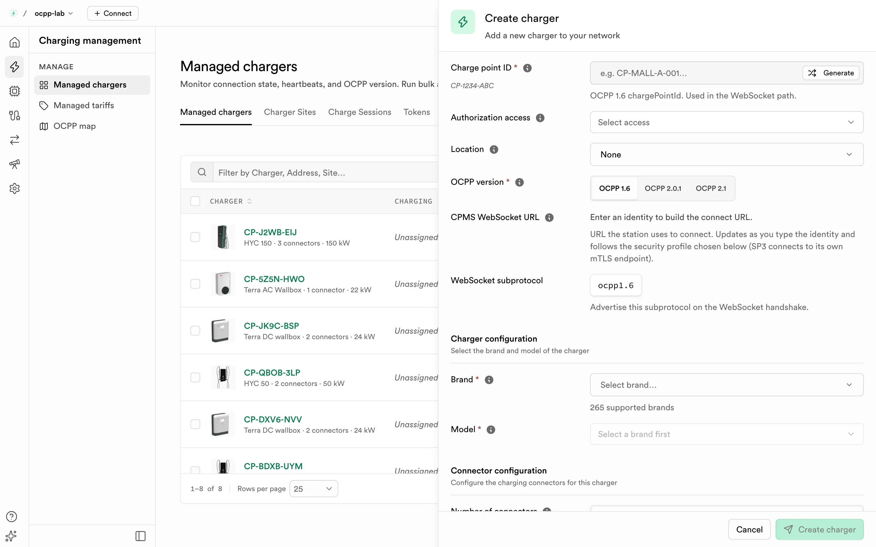Create charger sheet open over Managed chargers