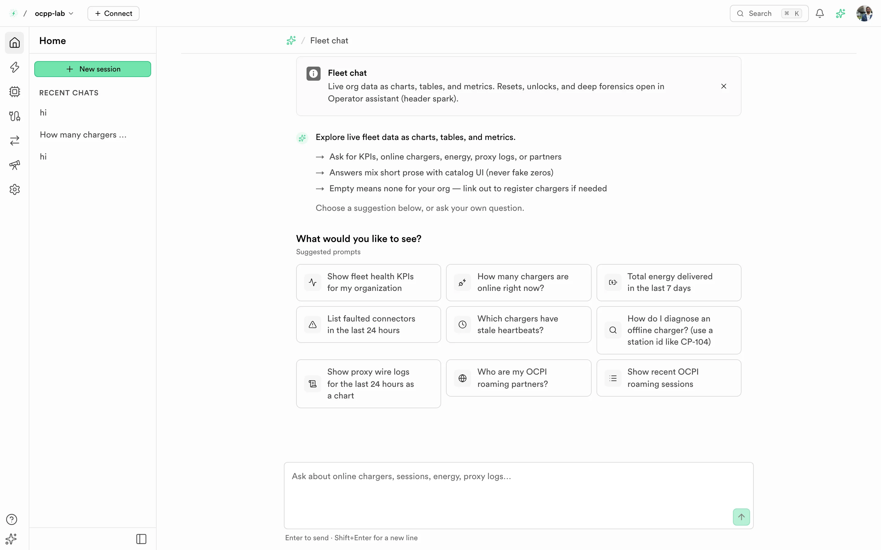 Dashboard home with Fleet chat, the area rail, and suggested prompts