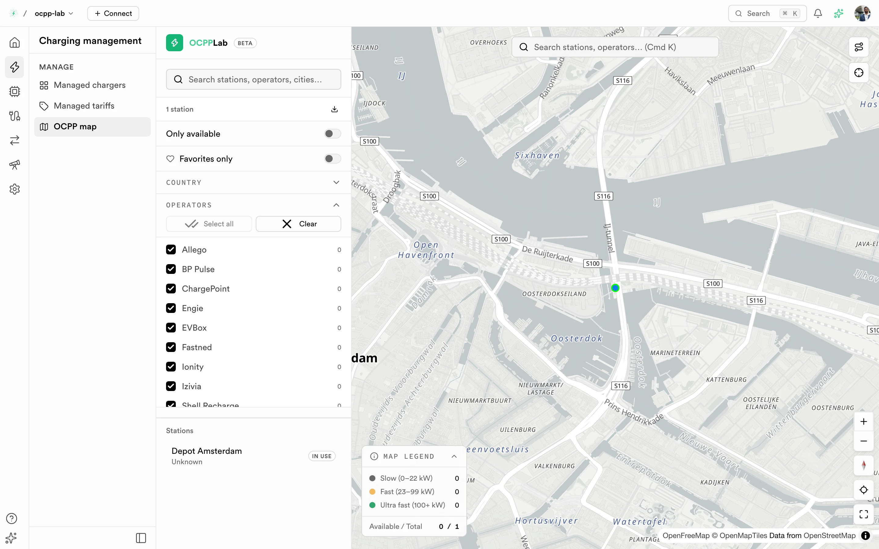 OCPP map in the Dashboard showing a connected station and operator filters