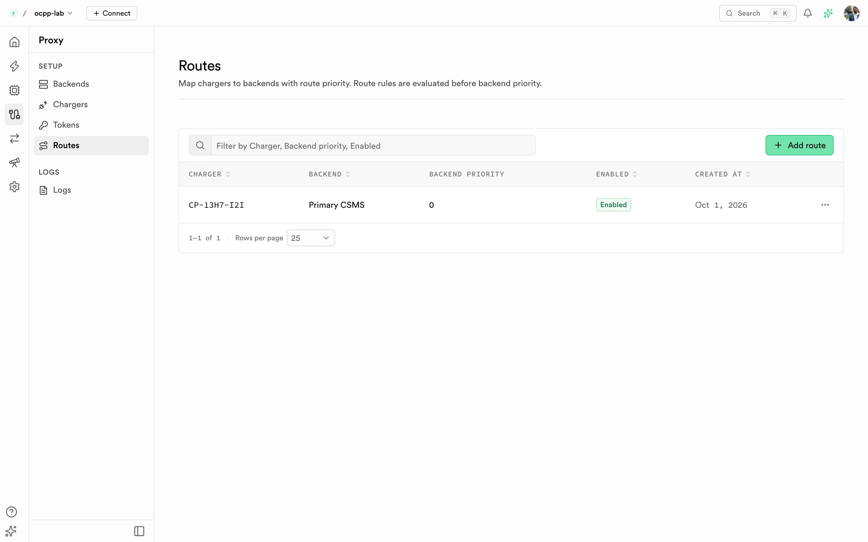 Proxy routes sending one charger to a prod and a staging backend by priority