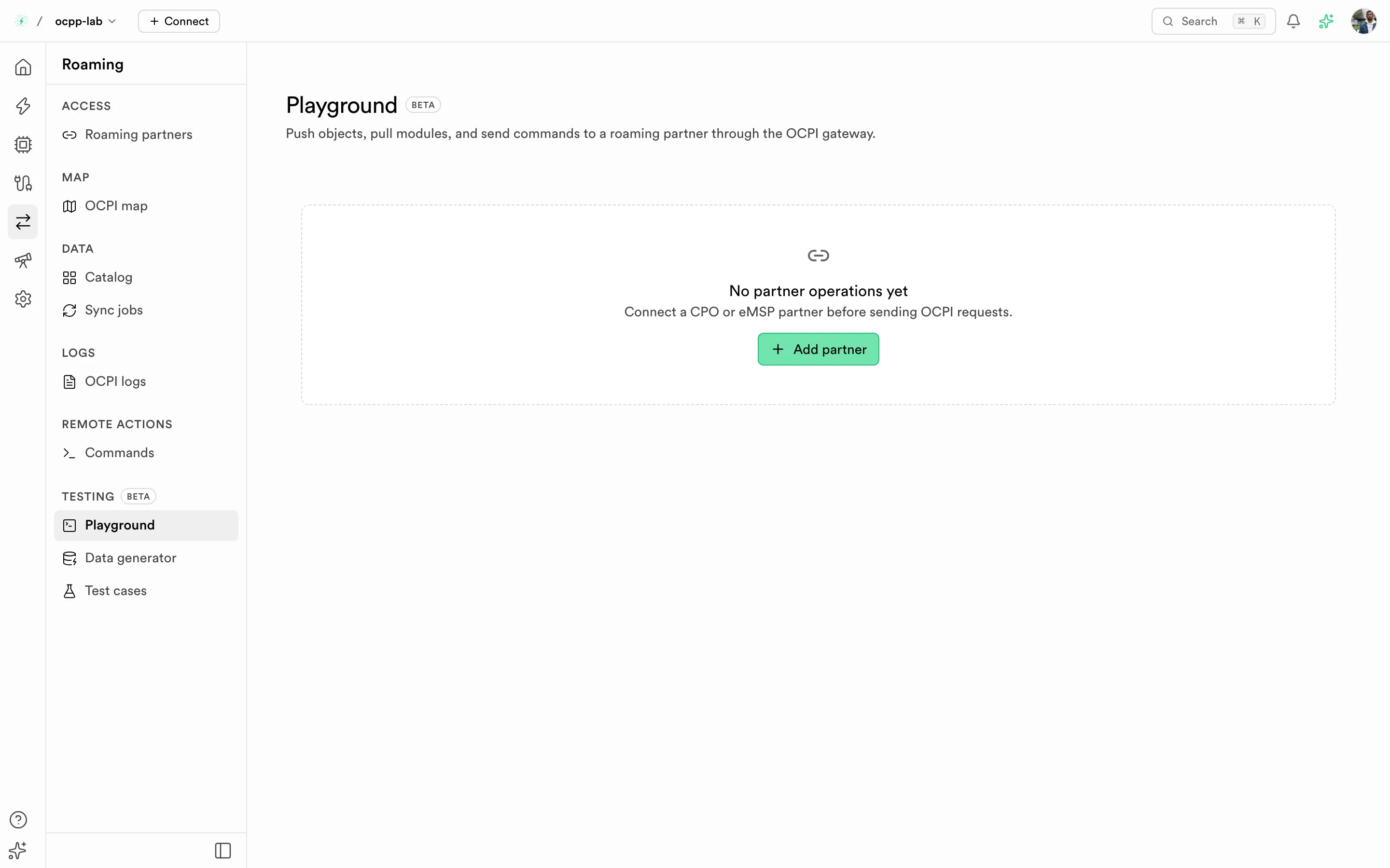 OCPI playground with a CPO partner selected, push, pull, and command tabs, and a request history