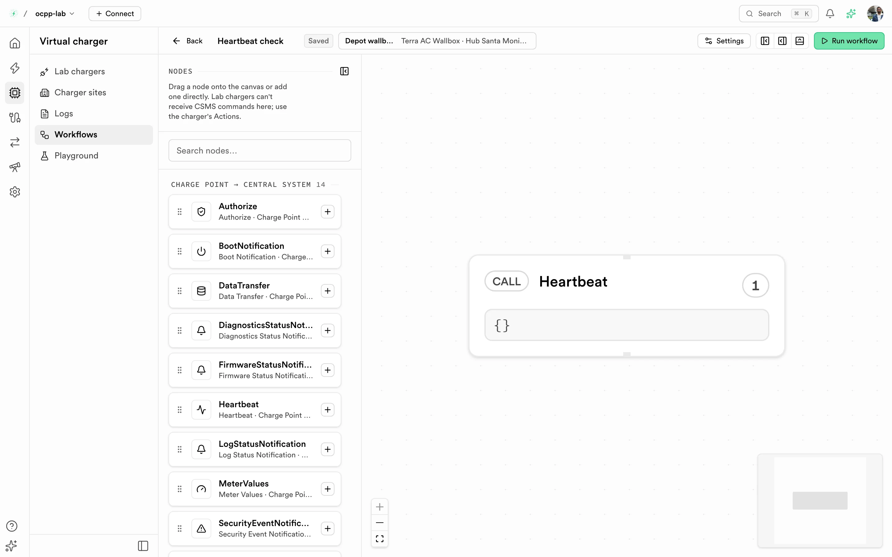 Workflow canvas with Start, Heartbeat, Authorize, and End