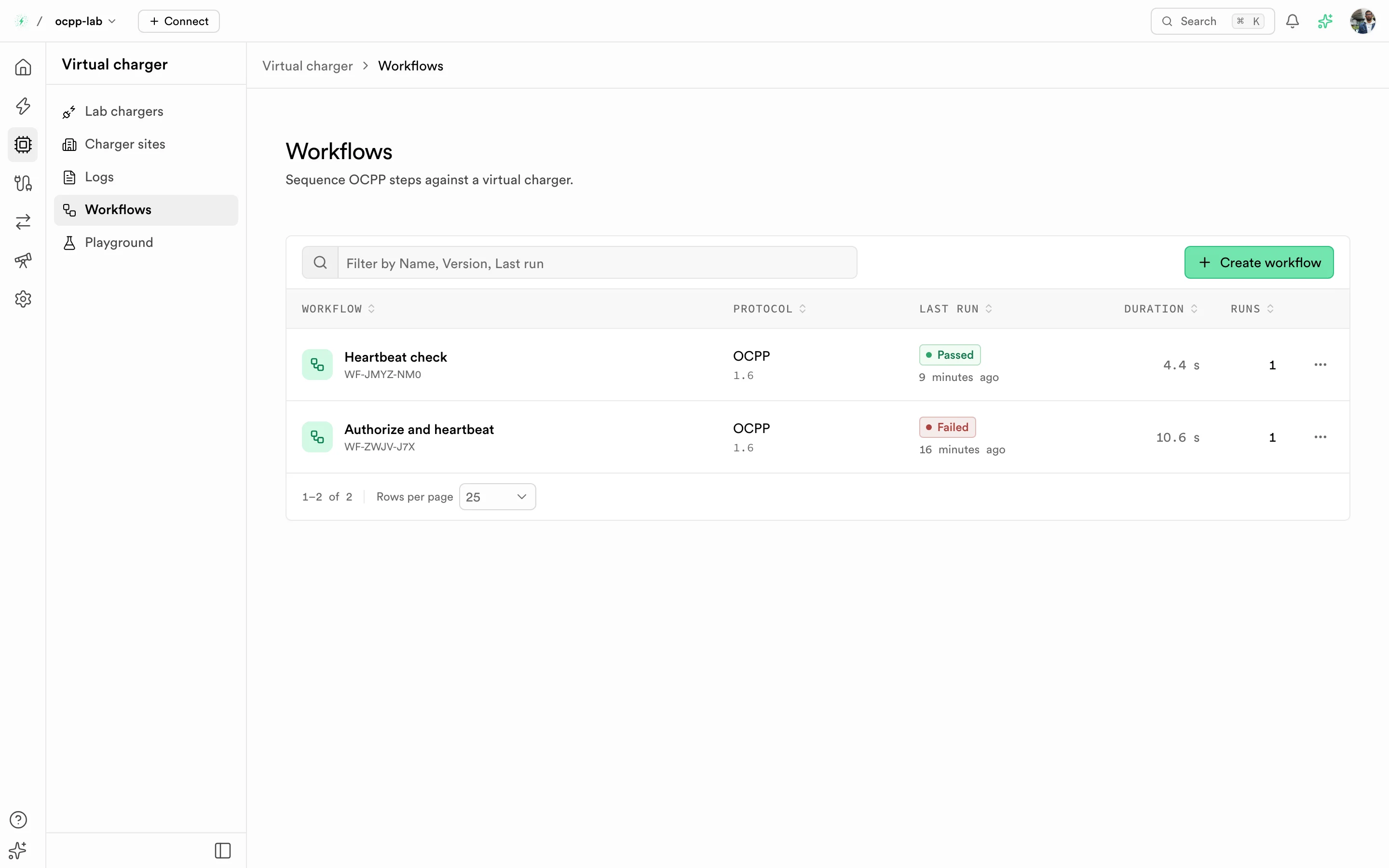 Workflows list with three OCPP 1.6 workflows