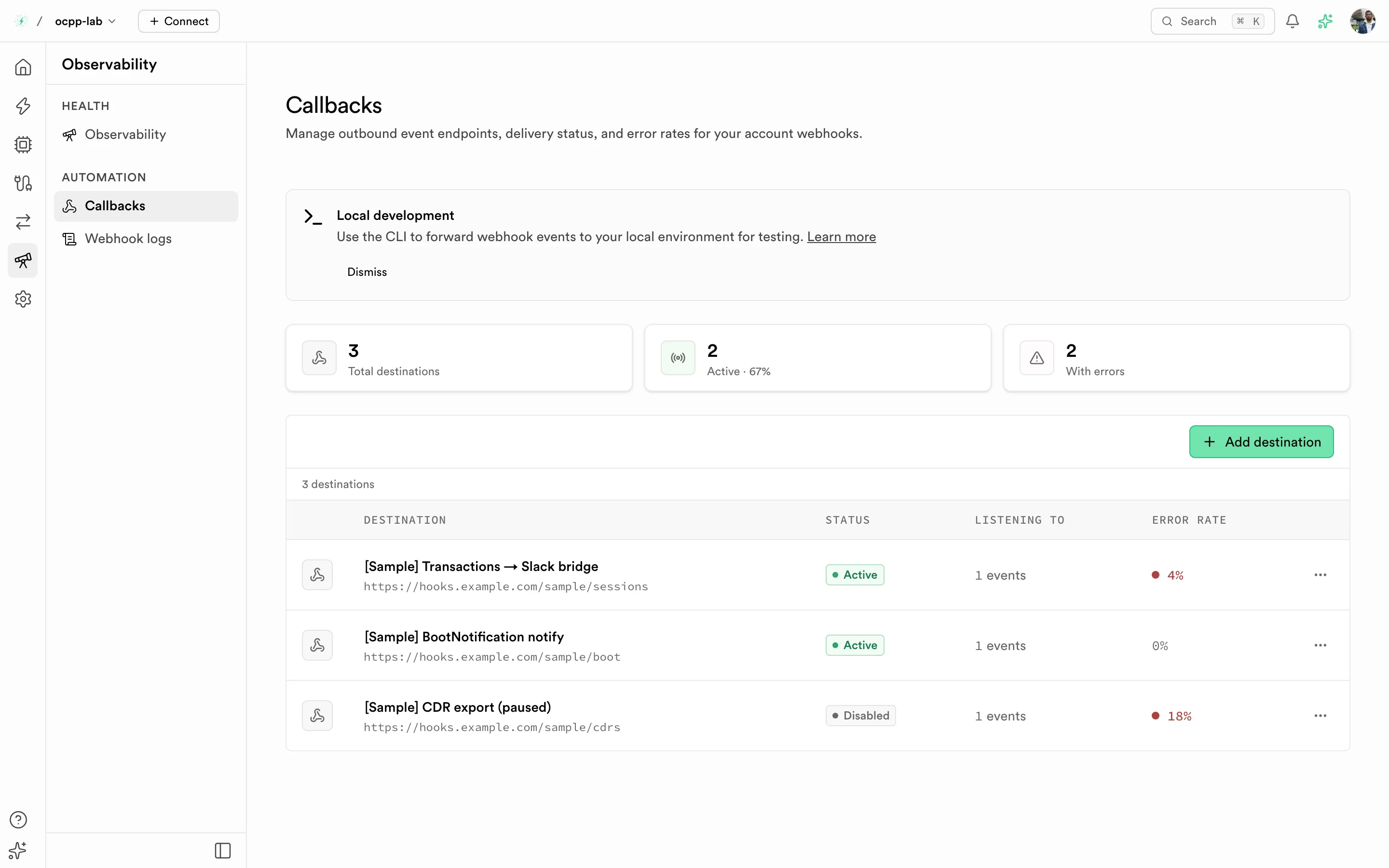 Callbacks list with total, active, and with-errors counts and one row per destination